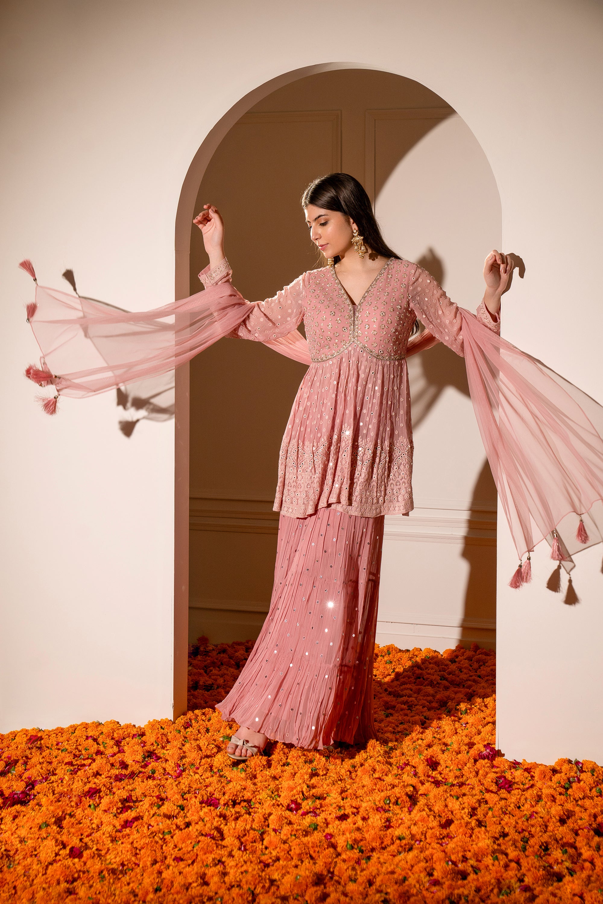 Flamingo Pink Georgette Indo western with machine and handwork