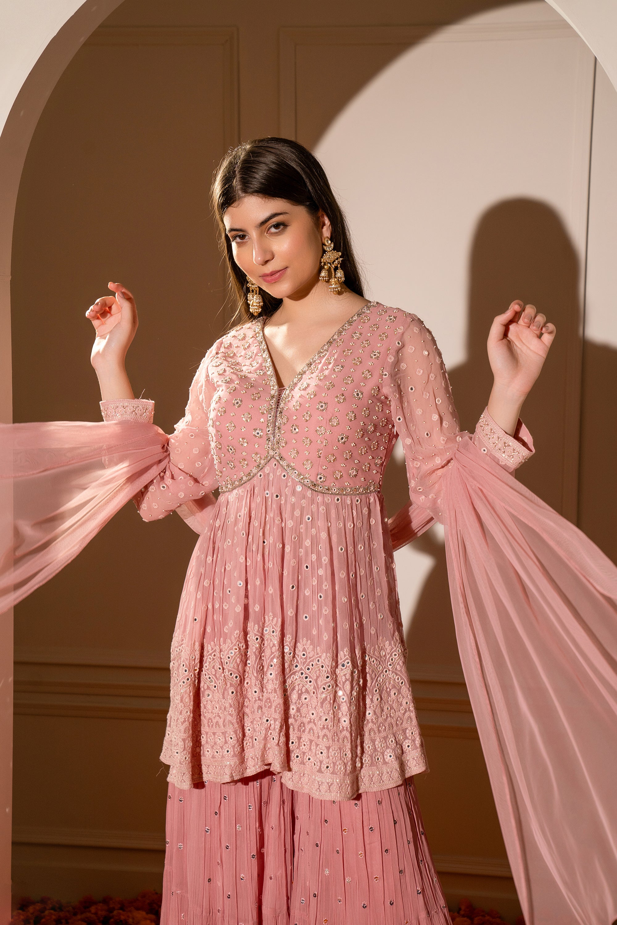 Flamingo Pink Georgette Indo western with machine and handwork