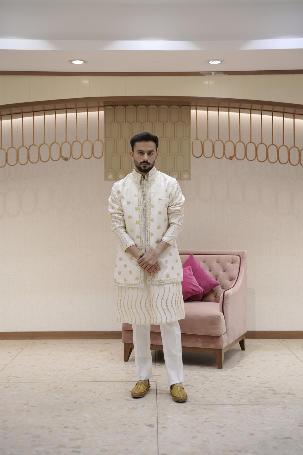 Cream Silk Kurta Set with Silver Thread Embroidered Jacket