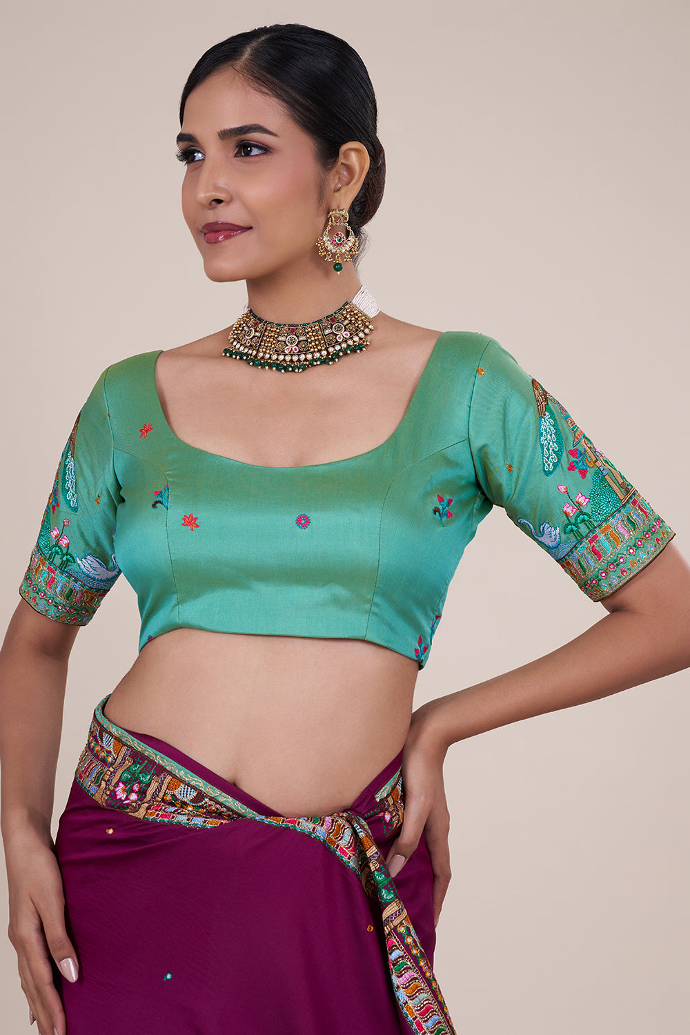 Wine heritage-embroidered silk saree