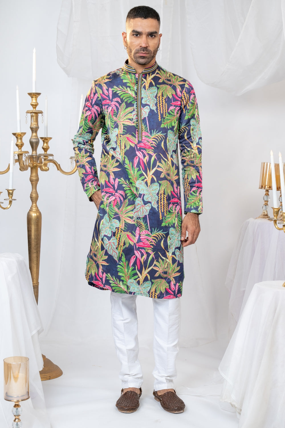Dark Blue Crepe Silk Printed Kurta Set with Moti Work