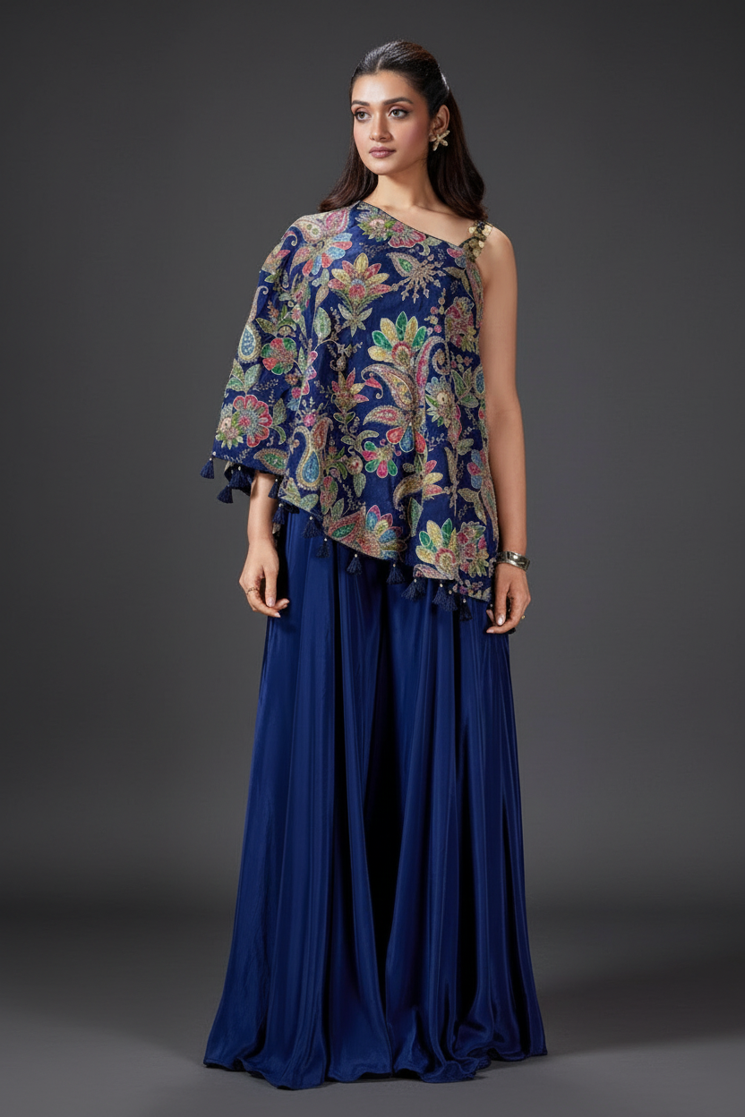 Dark Blue Crepe Silk with Cutdana and Beads Work