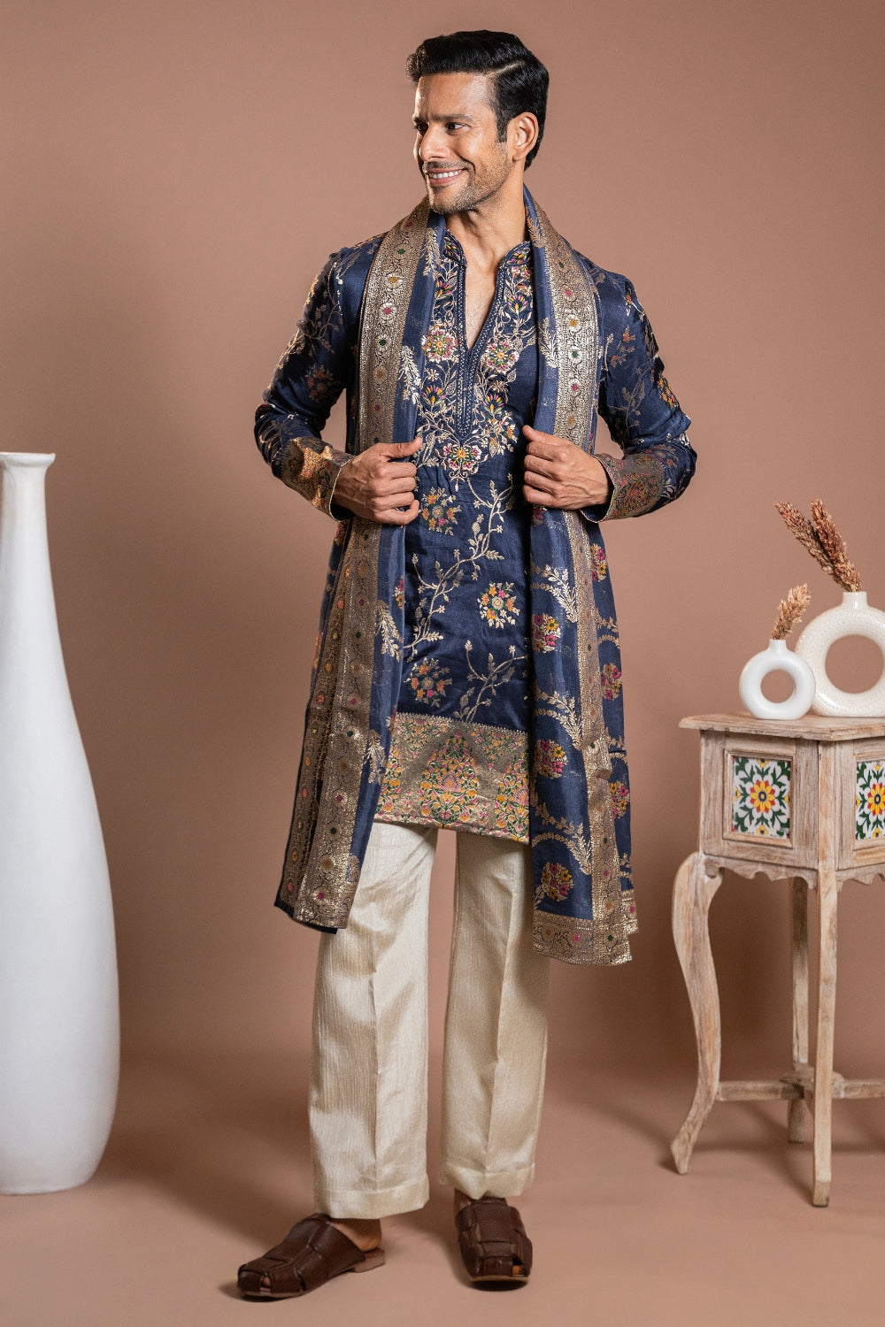 Dark Blue Crepe Tissue Kurta Set with Embroidery Work