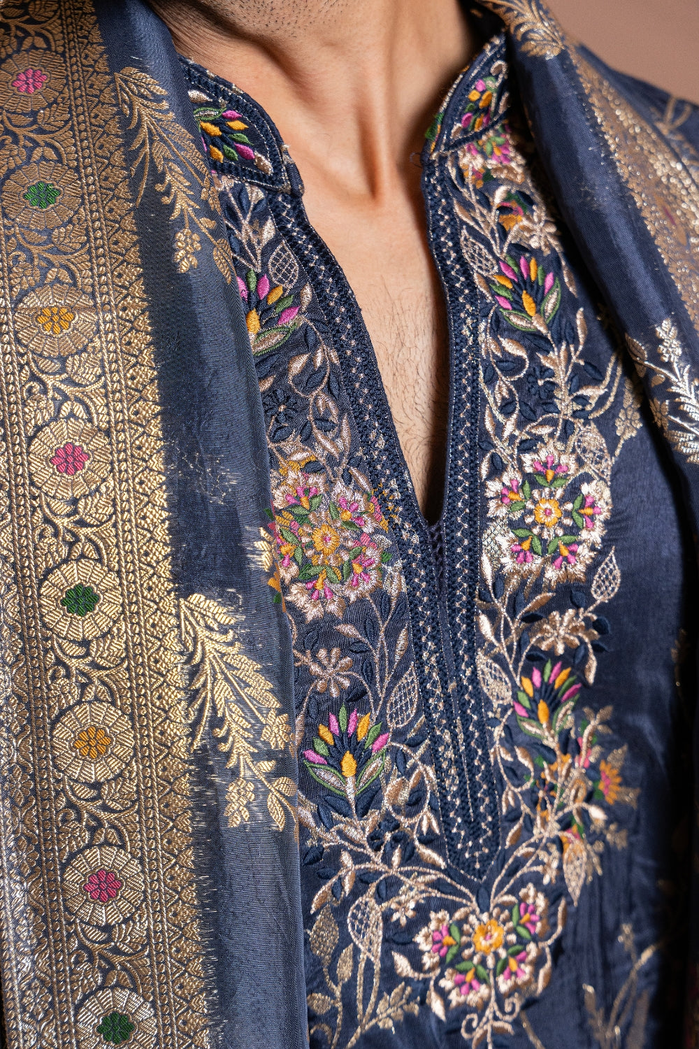 Dark Blue Crepe Tissue Kurta Set with Embroidery Work