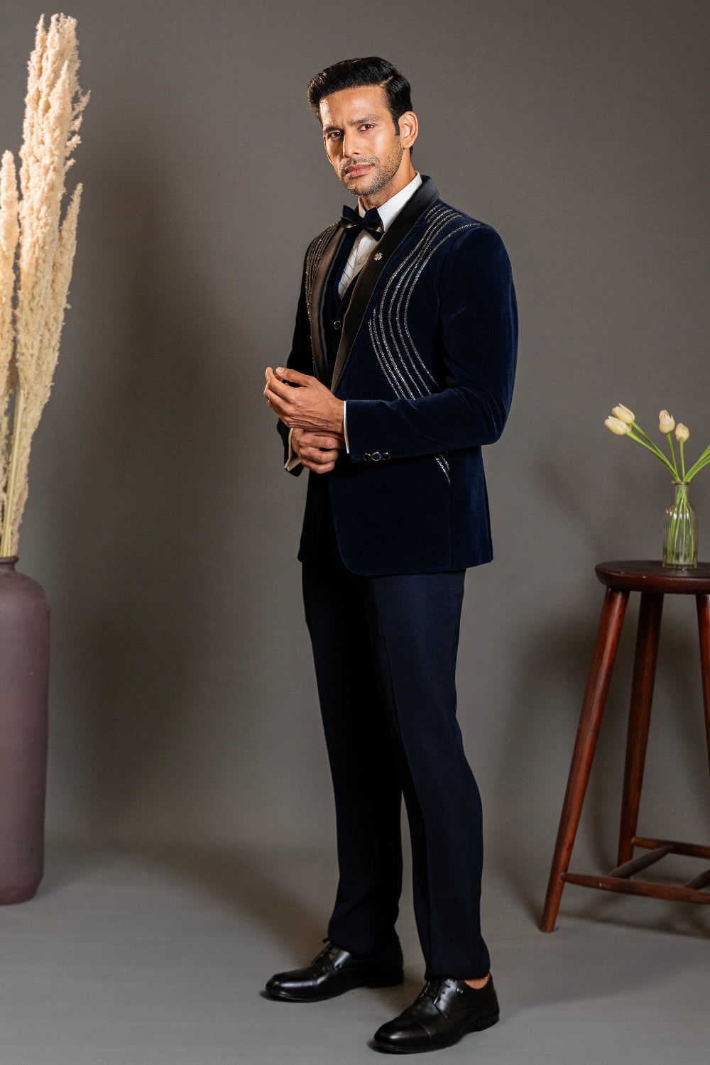Dark Blue Five Piece Velvet Tuxedo with Stone Work