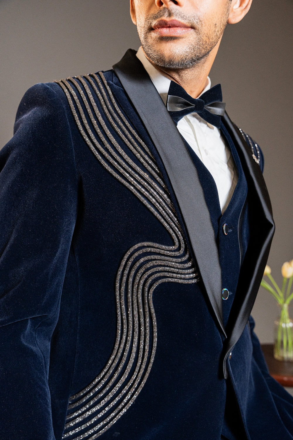 Dark Blue Five Piece Velvet Tuxedo with Stone Work