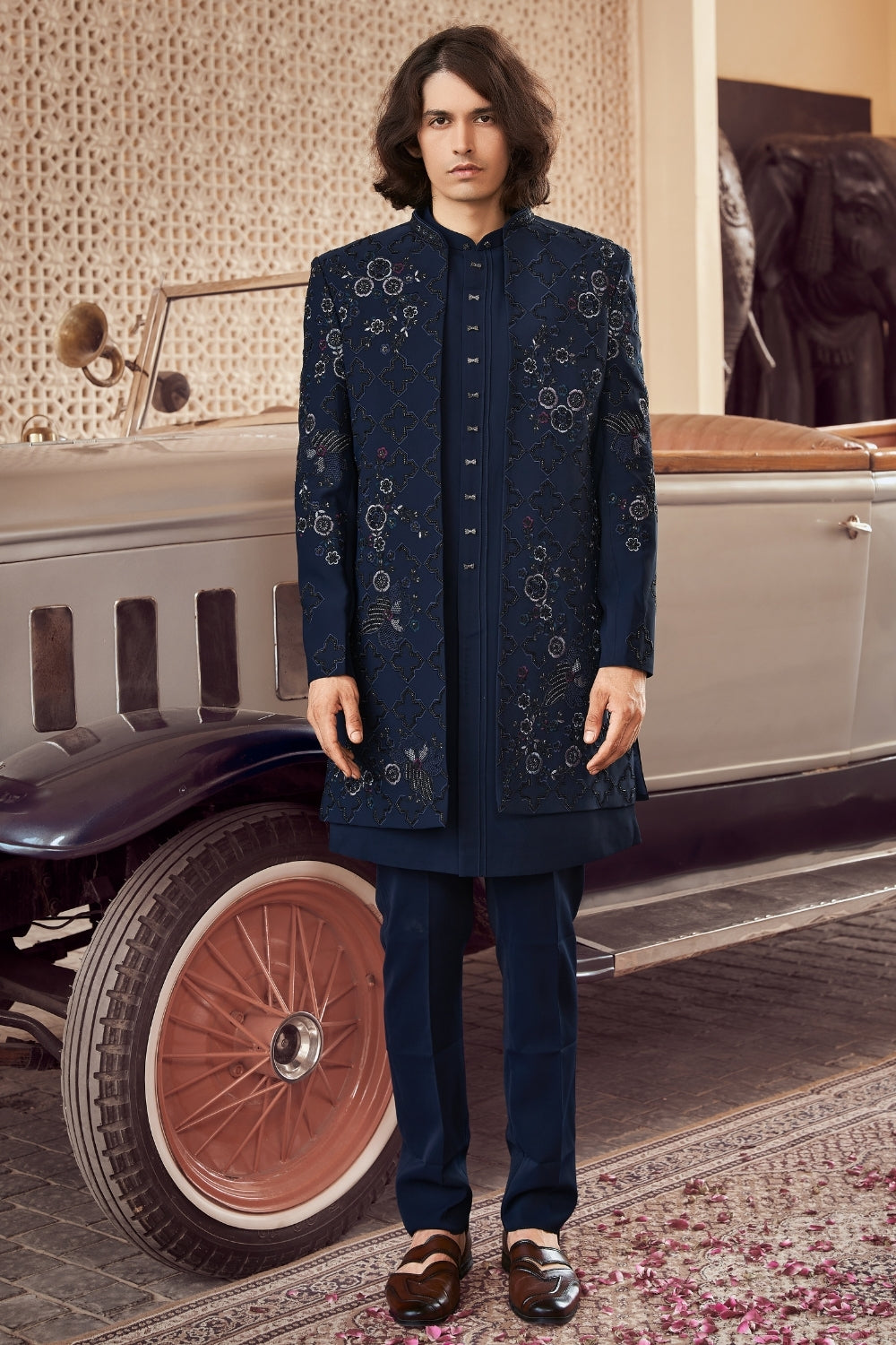 Dark Blue Imported Indo Western with Cutdana and Resham Embroidery