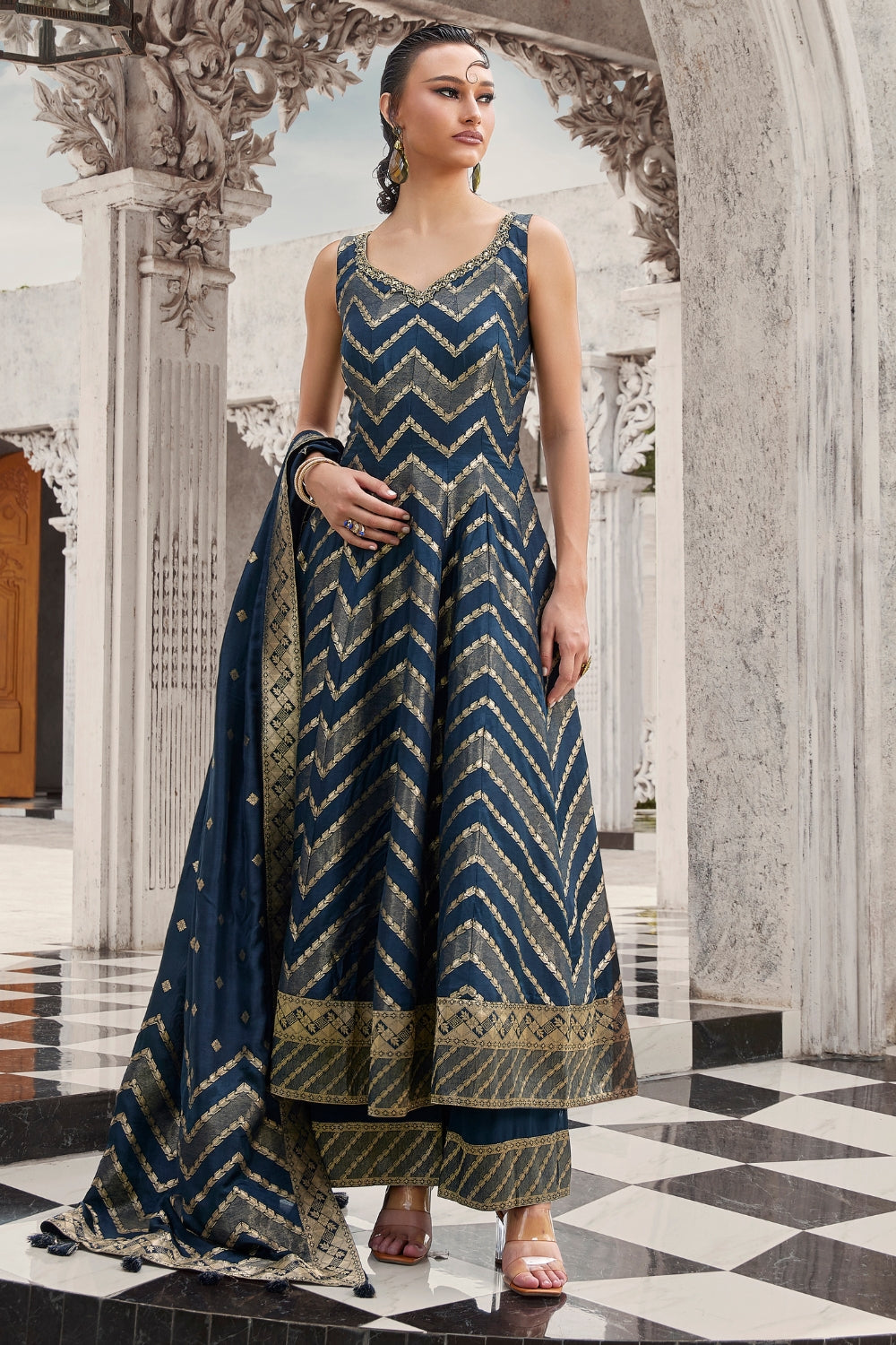 Dark Blue Silk Anarkali Suit with Cutdana and Zardosi Work