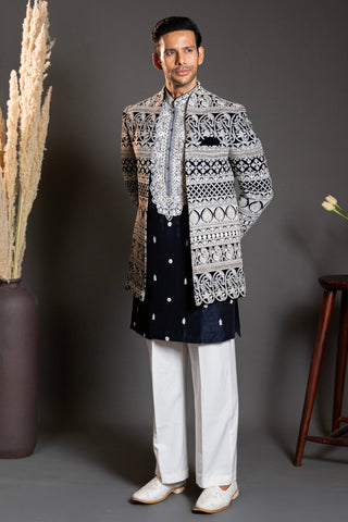 Dark Blue Silk Indo Western With Embroidery