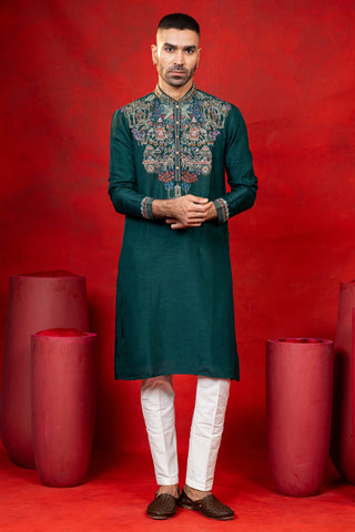Dark Green Silk Kurta Set With Cutdana And Resham Embroidery