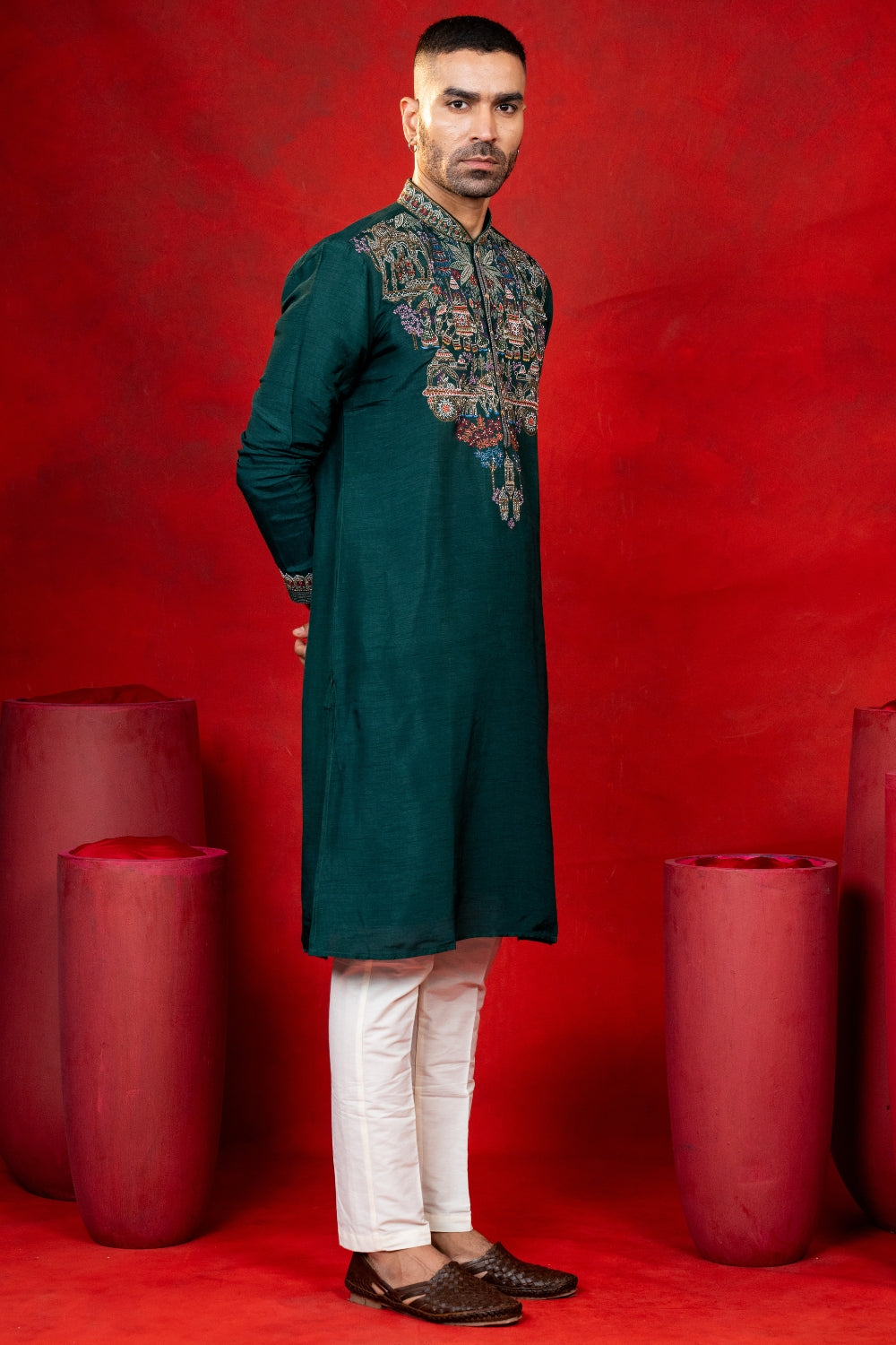 Dark Green Silk Kurta Set with Cutdana and Resham Embroidery