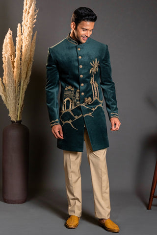 Dark Green Velvet Indo Westren With Aari And Moti Work