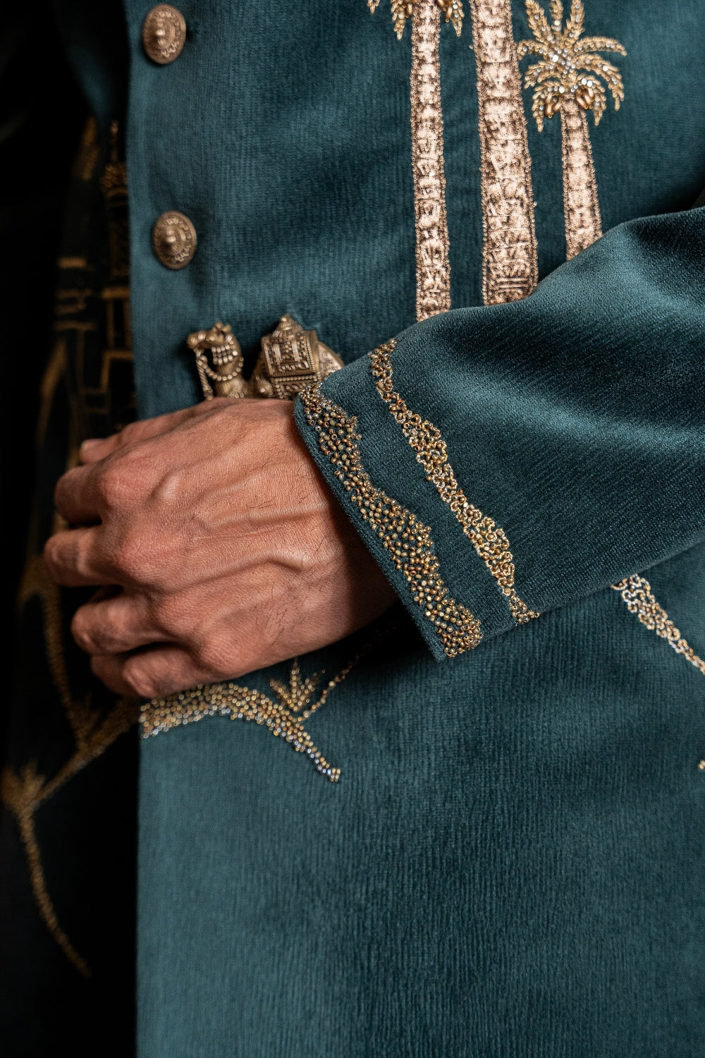 Dark Green Velvet Indo Westren with Aari and Moti Work