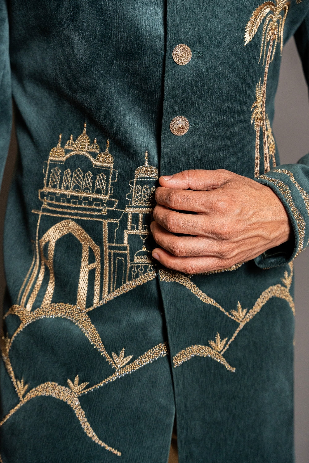 Dark Green Velvet Indo Westren with Aari and Moti Work