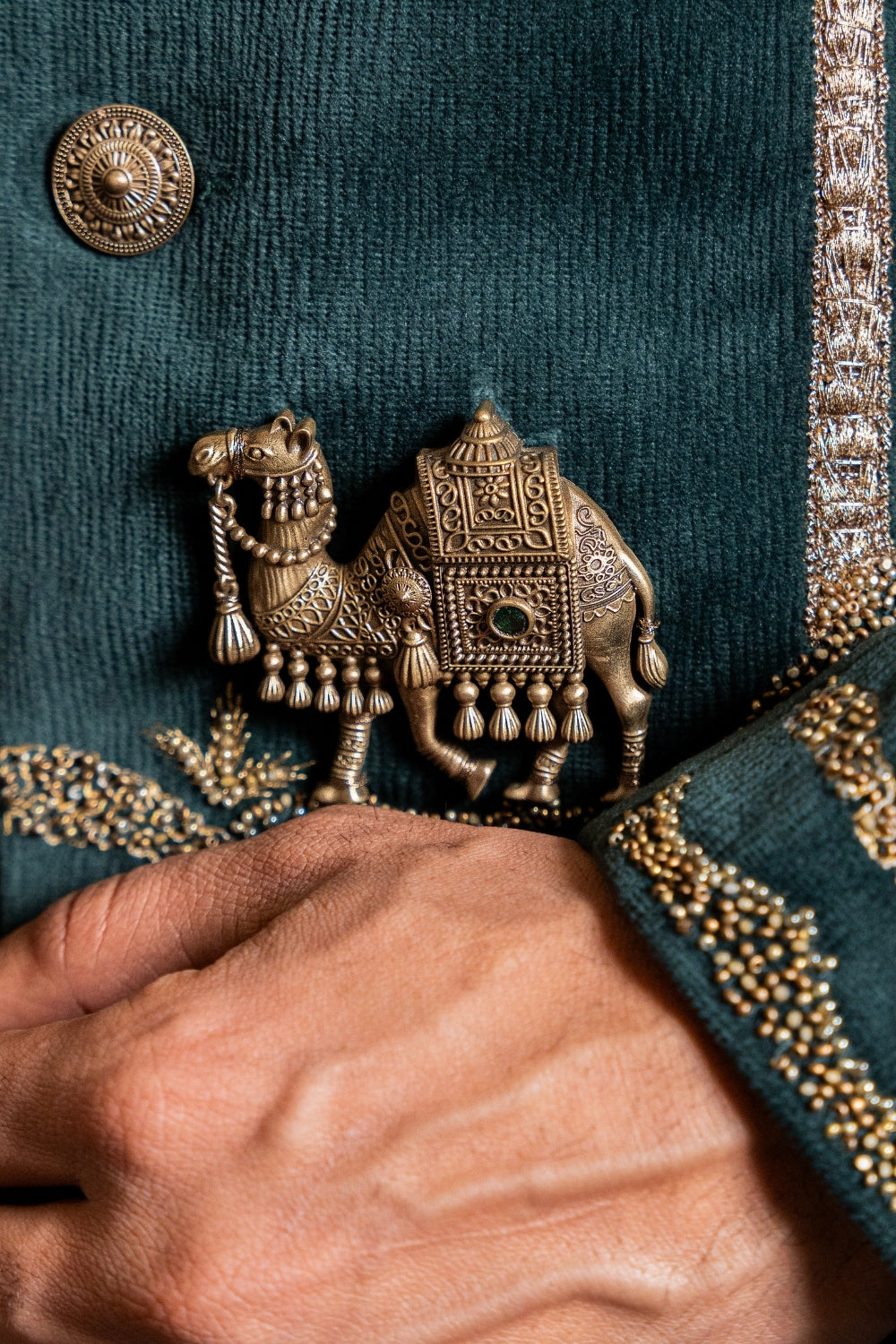 Dark Green Velvet Indo Westren with Aari and Moti Work