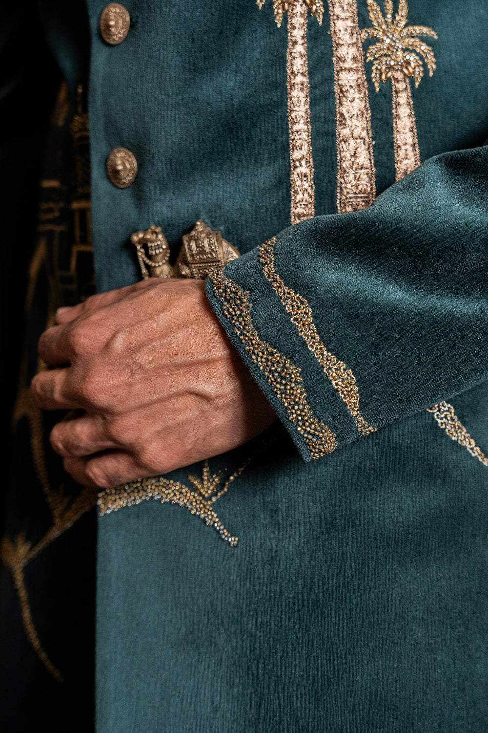 Dark Green Velvet Indo Westren with Aari and Moti Work