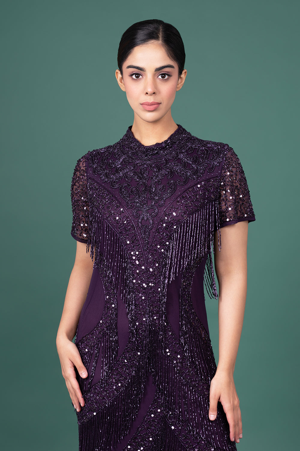 Dark Wine Halter-Neck Gown with Diagonally Placed Sequin and Bead Embellishments