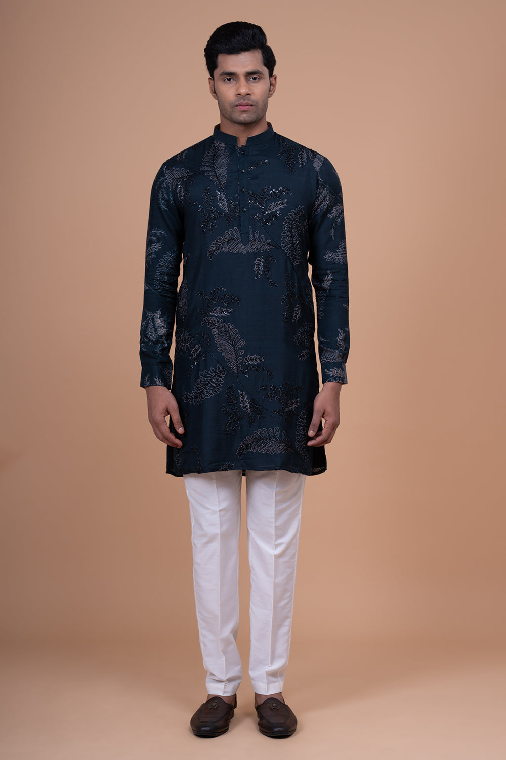 Deep Teal Silk-Crepe Kurta with Allover Tonal Leaf and Vine Hand-Embroidery