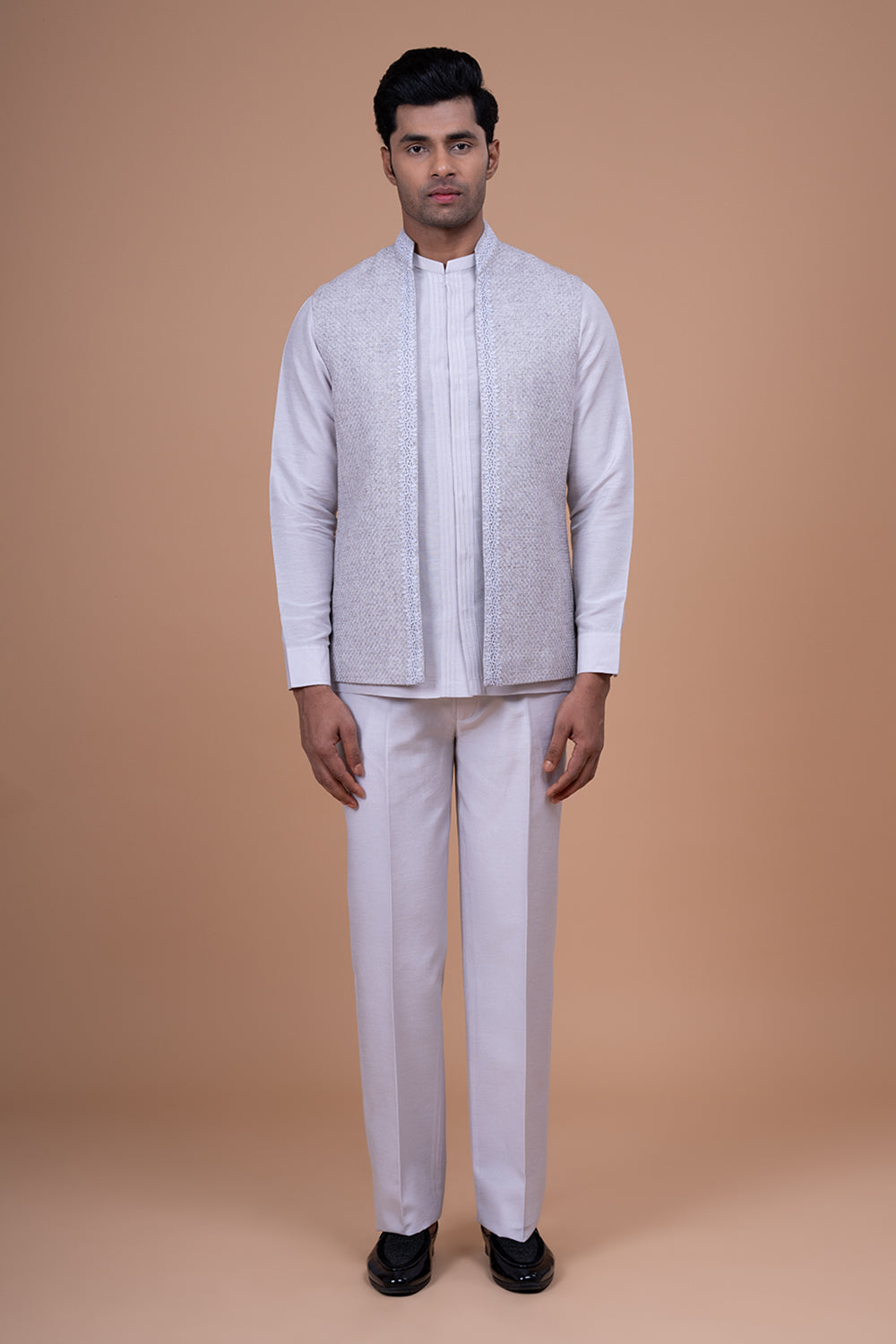 Dove Grey Textured Waistcoat with Delicate Scalloped Lace Border.