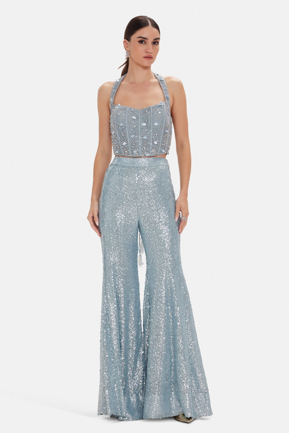 Dusty Blue Georgette Indo Western with Sequins and Embroidery Work