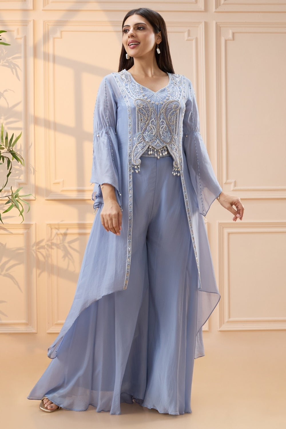 Dusty Blue Organza Indo Western Set with Cutdana and Moti Work