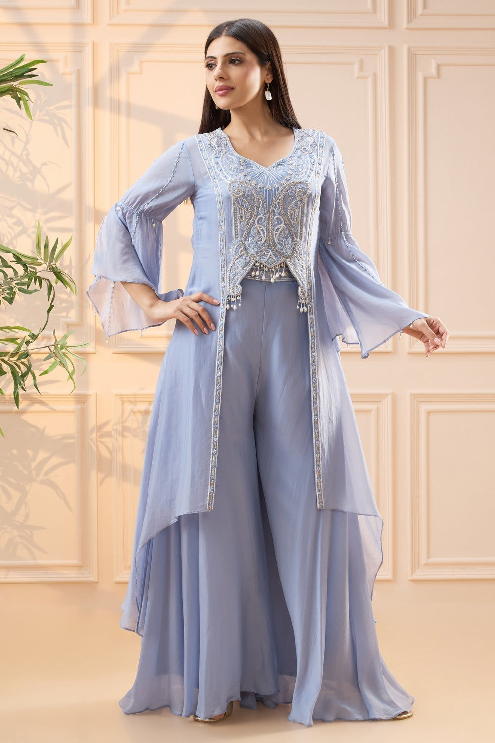 Dusty Blue Organza Indo Western Set with Cutdana and Moti Work