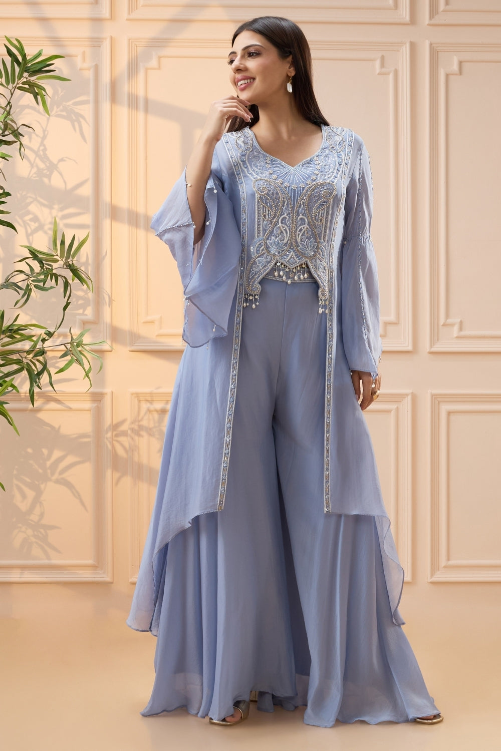 Dusty Blue Organza Indo Western Set with Cutdana and Moti Work