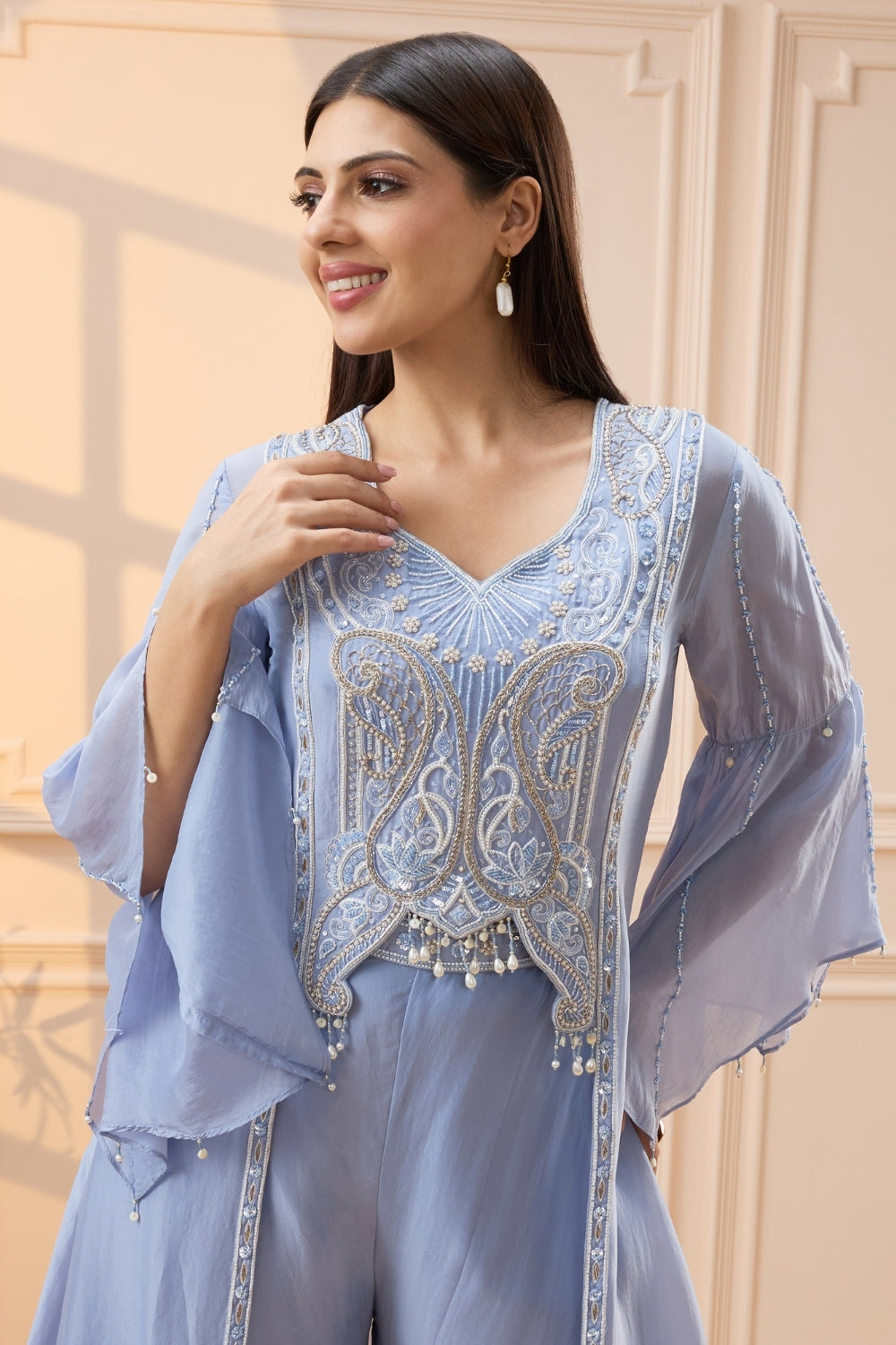 Dusty Blue Organza Indo Western Set with Cutdana and Moti Work