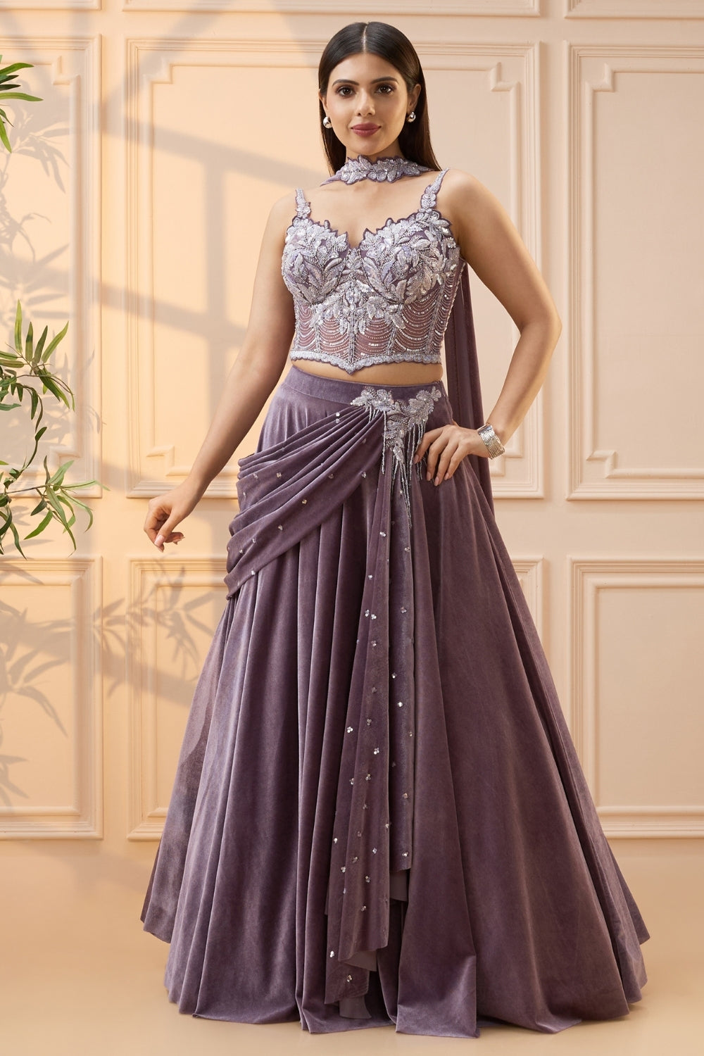 Dusty Mauve Simmar Silk Lehenga Set with Cutdana and Moti Work