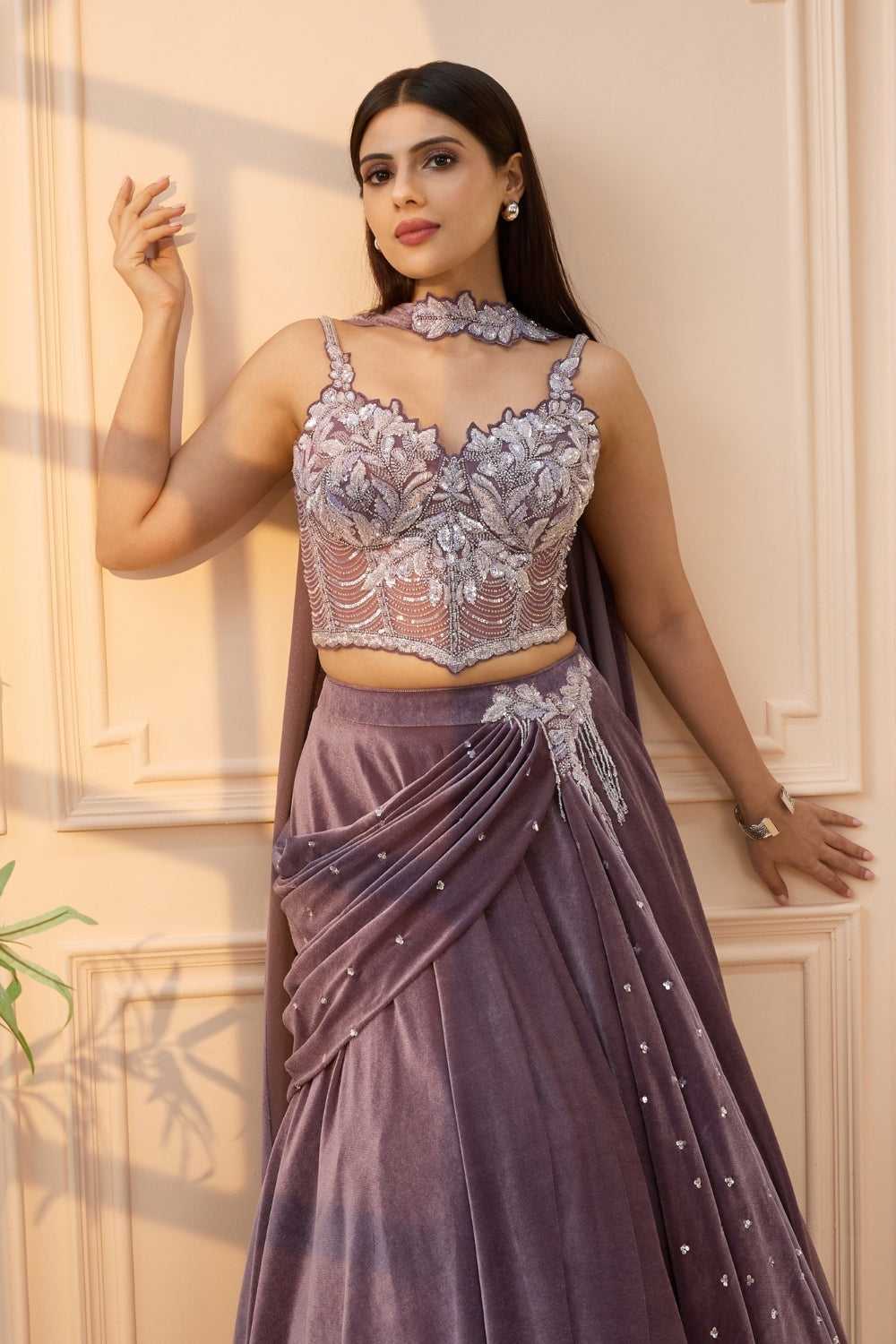 Dusty Mauve Simmar Silk Lehenga Set with Cutdana and Moti Work
