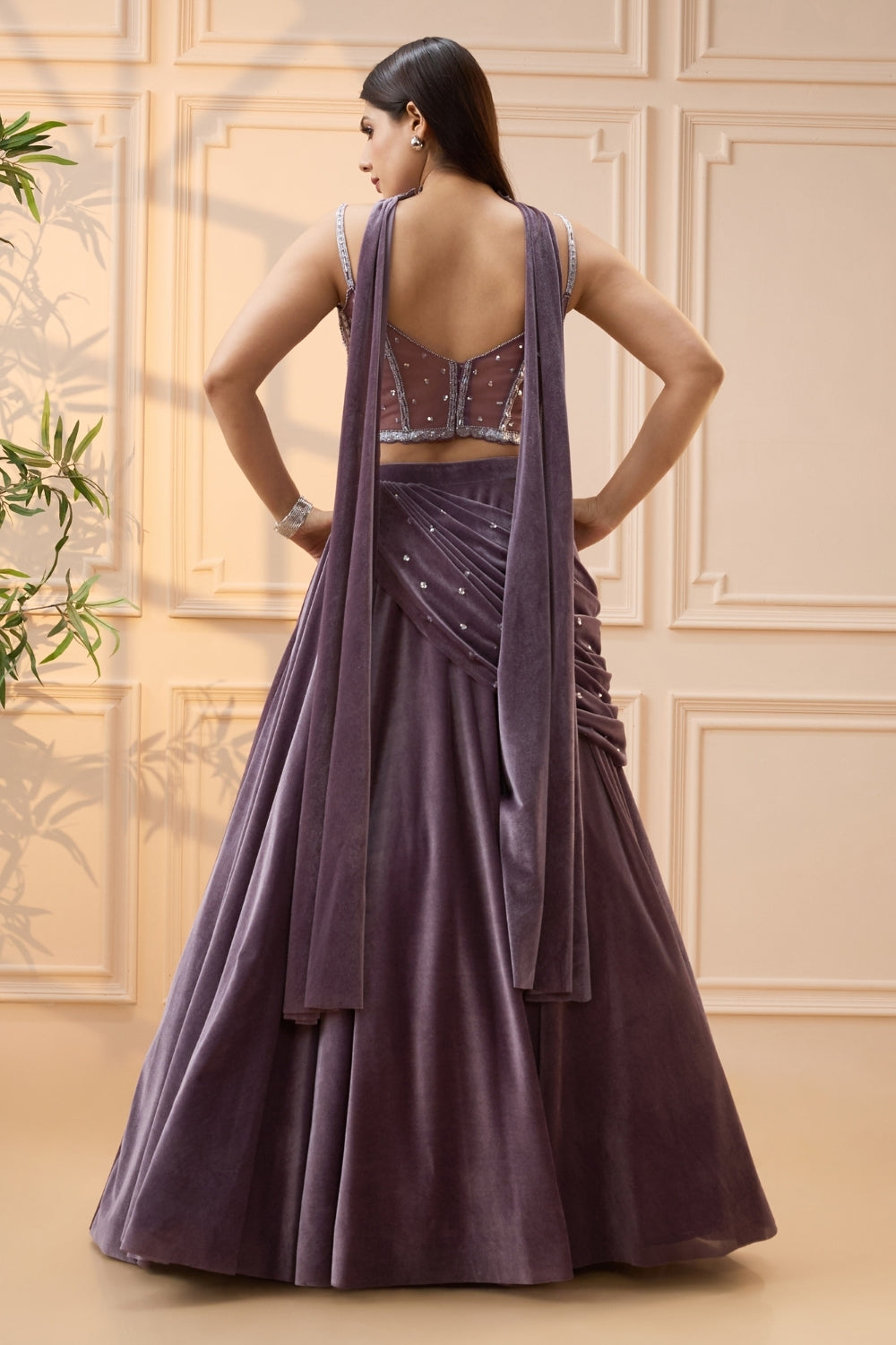 Dusty Mauve Simmar Silk Lehenga Set with Cutdana and Moti Work