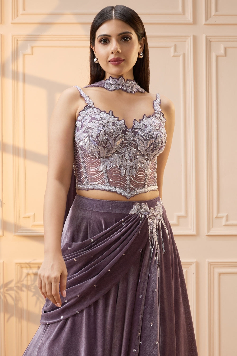 Dusty Mauve Simmar Silk Lehenga Set with Cutdana and Moti Work