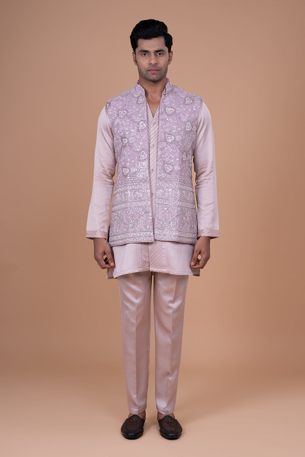 Dusty Rose Silk Waistcoat with Allover Sequin and Floral Thread Embroidery.