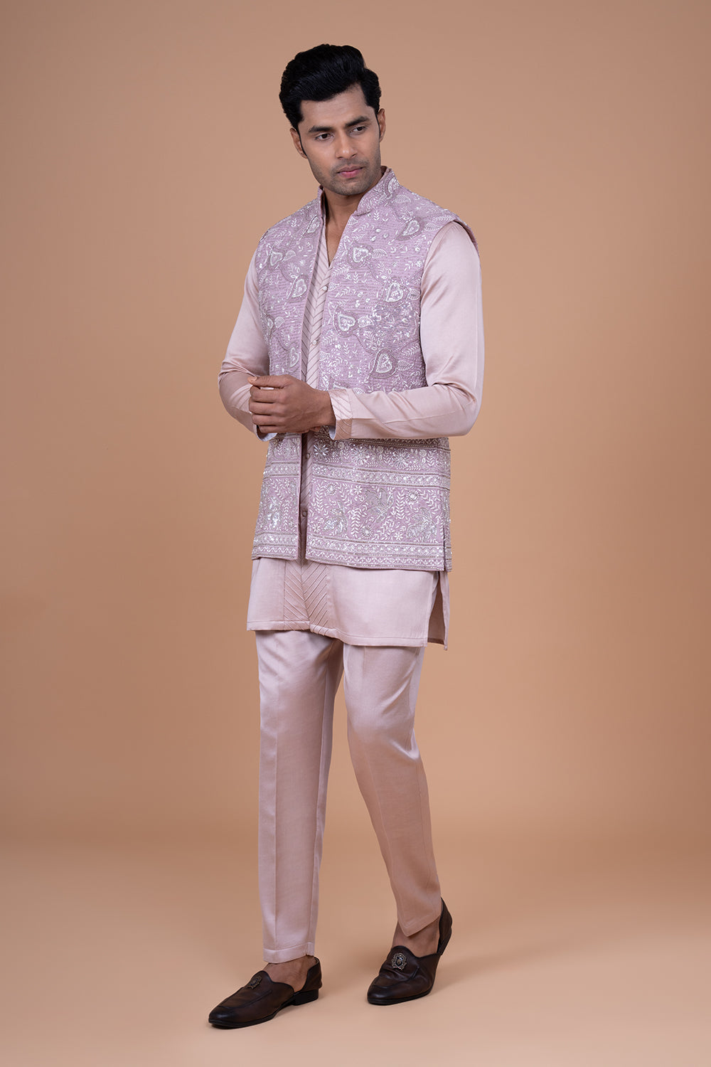 Dusty Rose Silk Waistcoat with Allover Sequin and Floral Thread Embroidery.