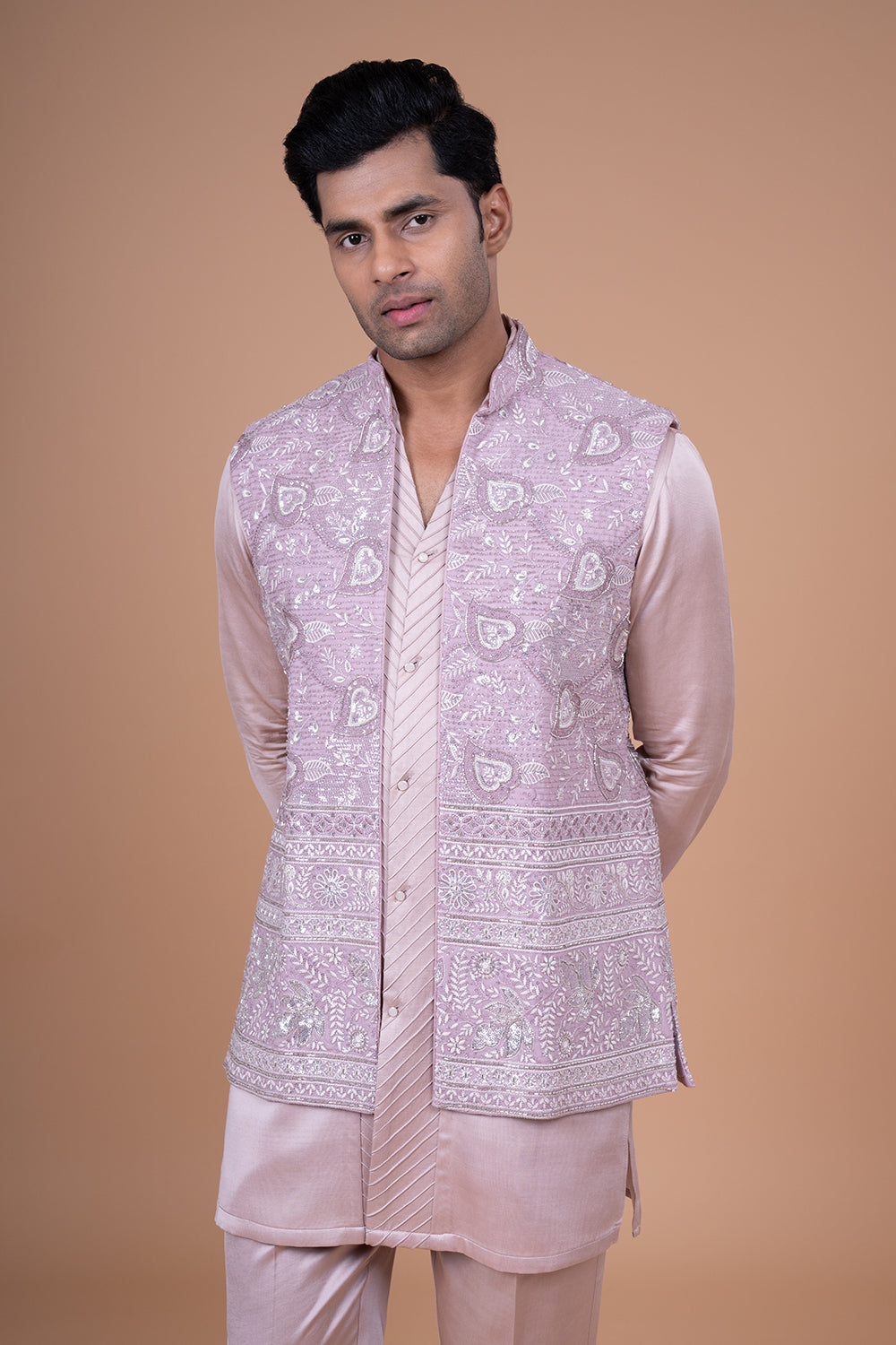 Dusty Rose Silk Waistcoat with Allover Sequin and Floral Thread Embroidery.