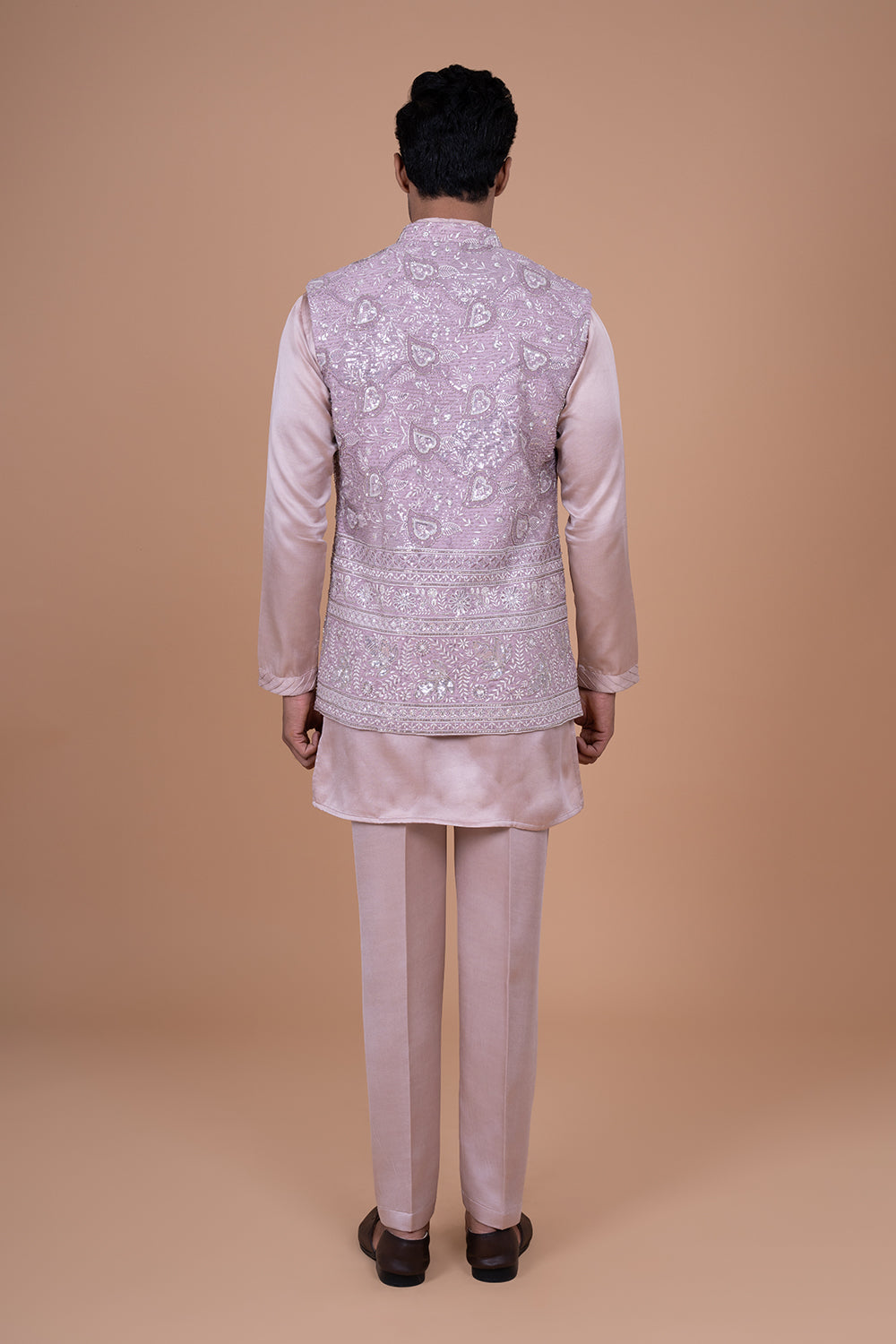 Dusty Rose Silk Waistcoat with Allover Sequin and Floral Thread Embroidery.