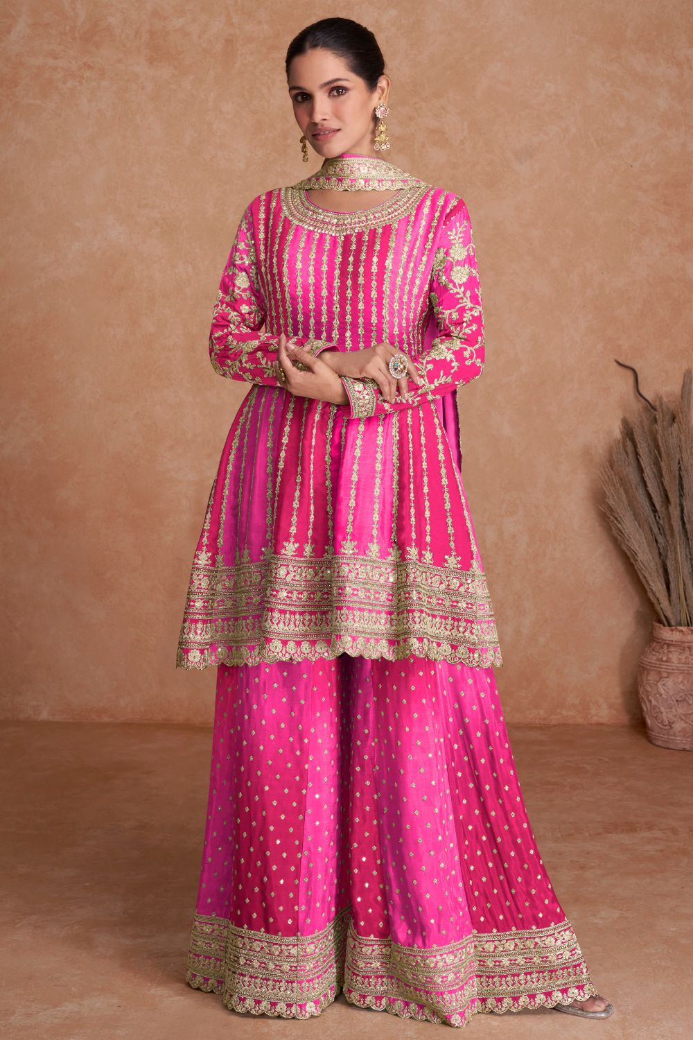 EMBROIDERED CHINON PALAZZO SUIT WITH SEQUINS