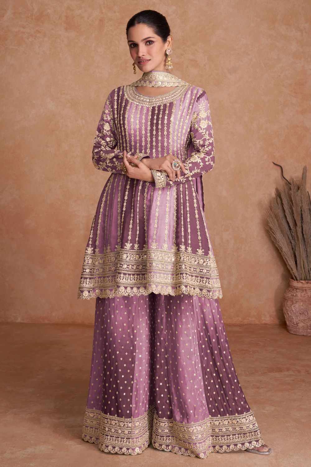 EMBROIDERED CHINON PALAZZO SUIT WITH SEQUINS