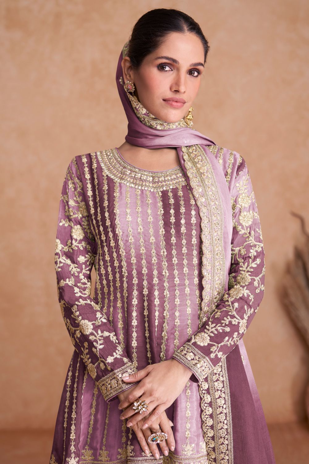 EMBROIDERED CHINON PALAZZO SUIT WITH SEQUINS