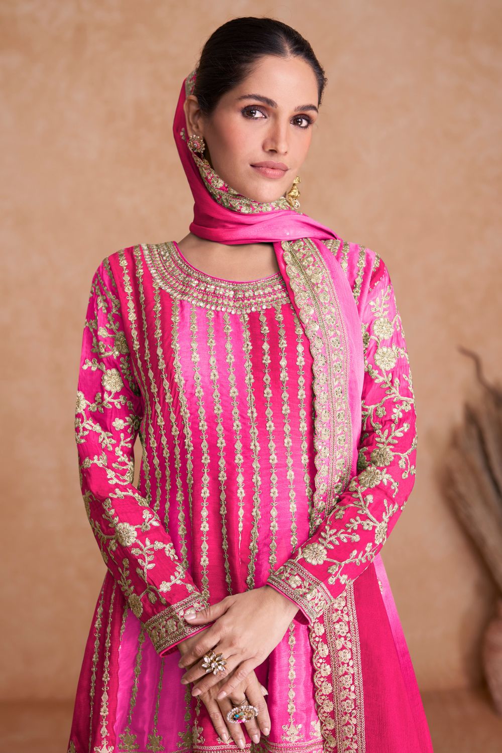 EMBROIDERED CHINON PALAZZO SUIT WITH SEQUINS