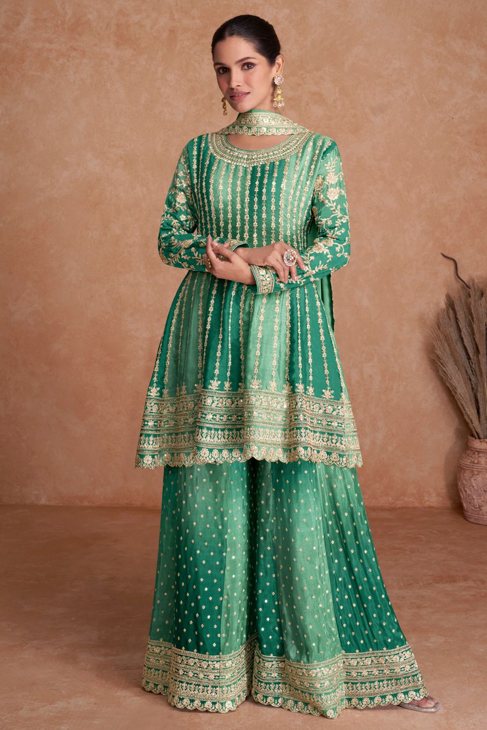 EMBROIDERED CHINON PALAZZO SUIT WITH SEQUINS