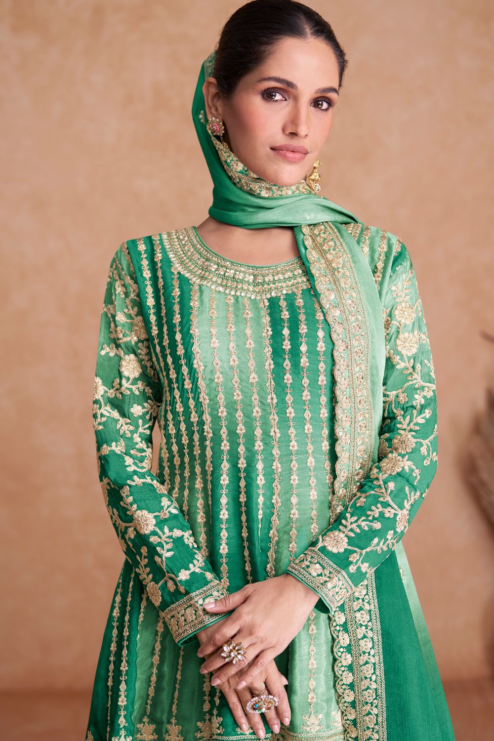 EMBROIDERED CHINON PALAZZO SUIT WITH SEQUINS