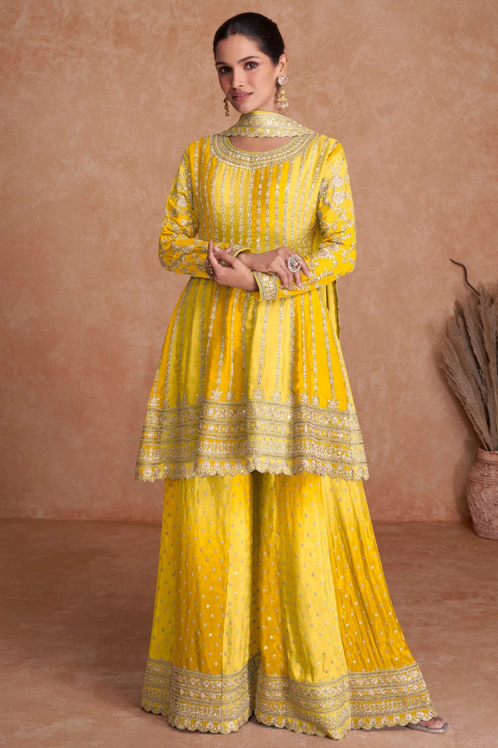 EMBROIDERED CHINON PALAZZO SUIT WITH SEQUINS