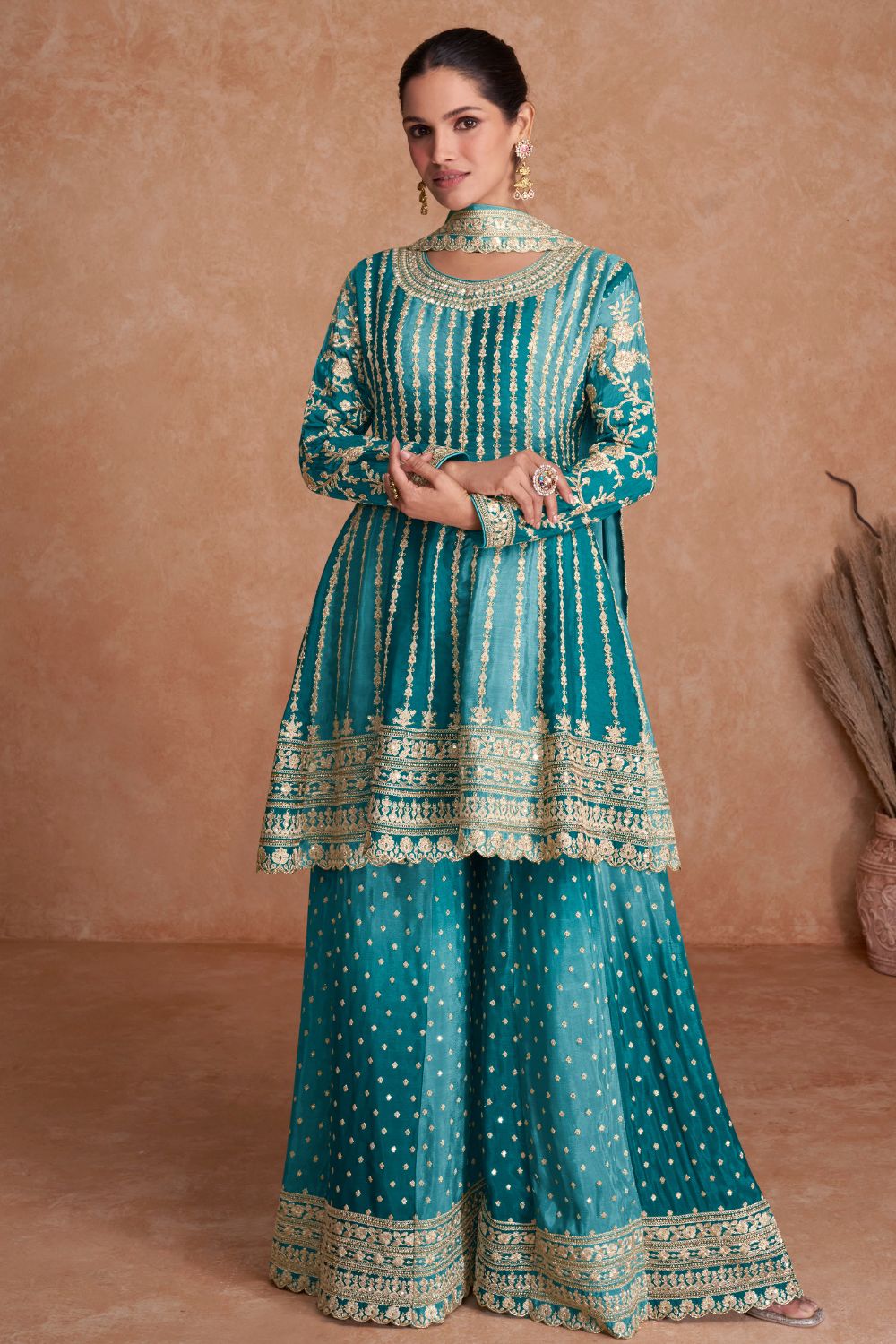 EMBROIDERED CHINON PALAZZO SUIT WITH SEQUINS