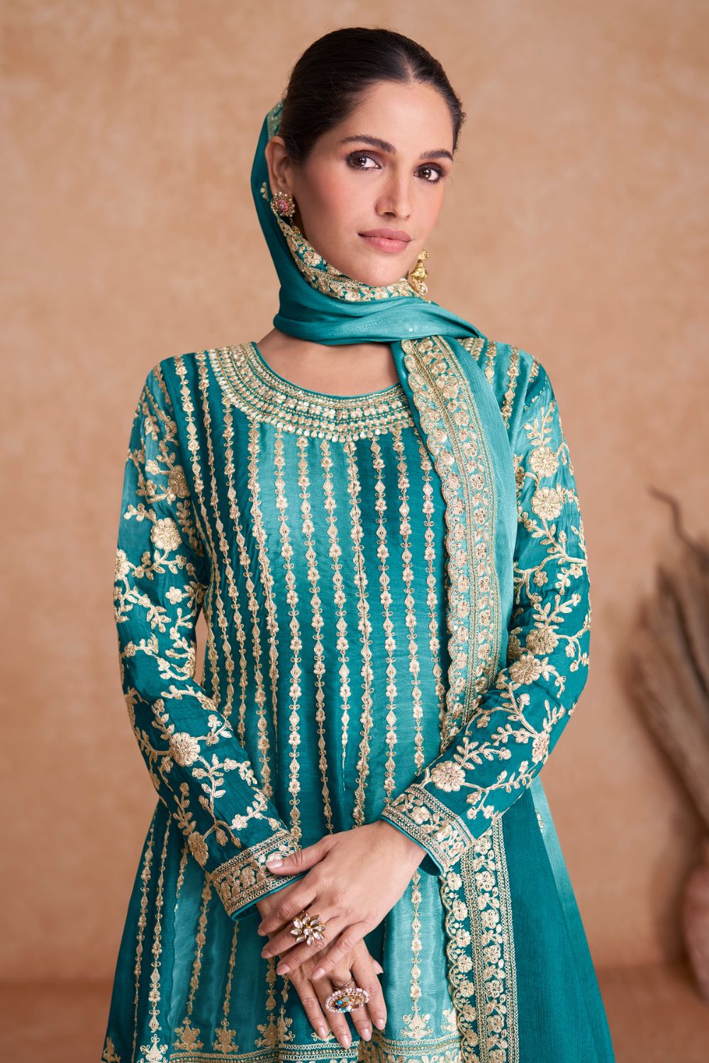 EMBROIDERED CHINON PALAZZO SUIT WITH SEQUINS