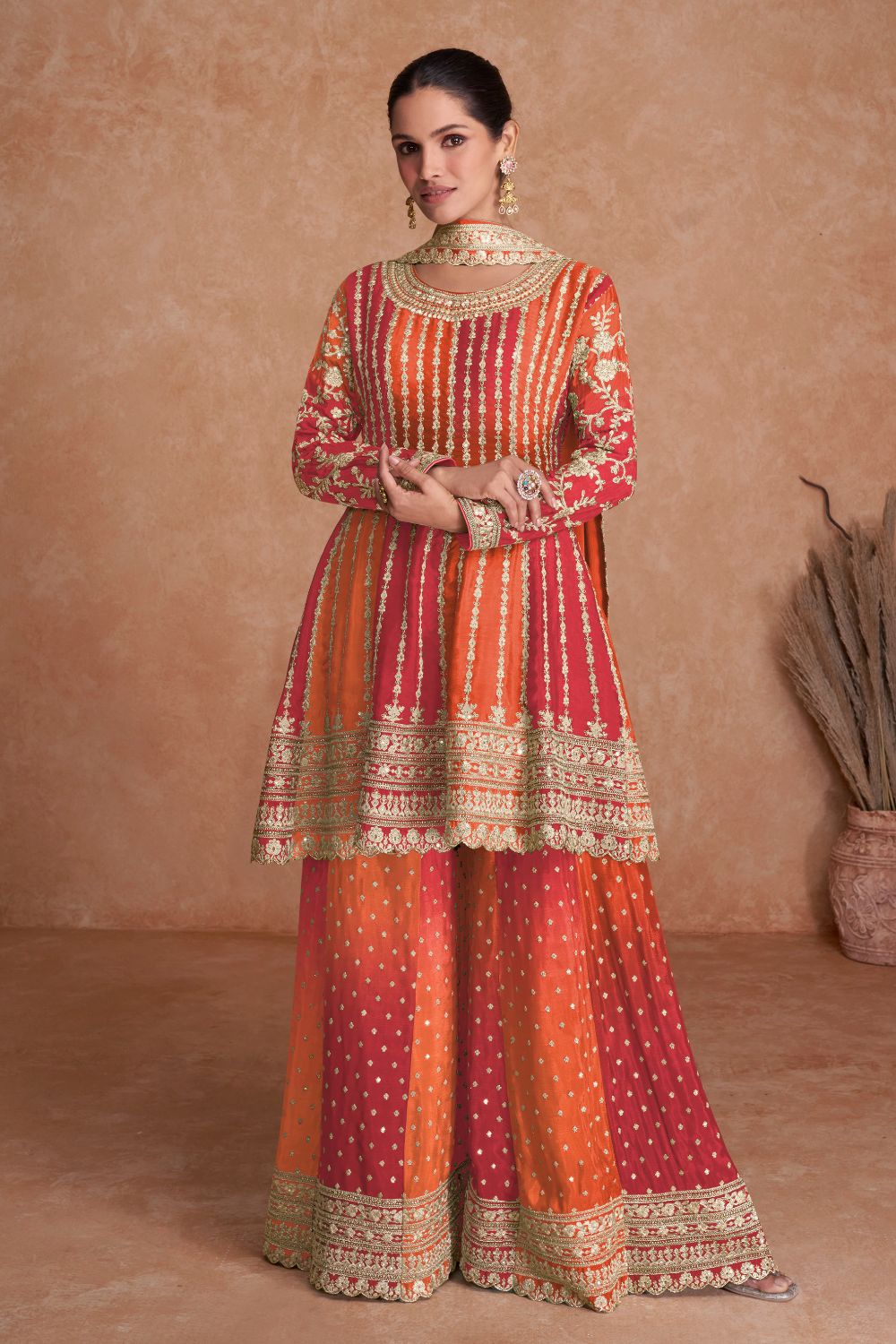 EMBROIDERED CHINON PALAZZO SUIT WITH SEQUINS