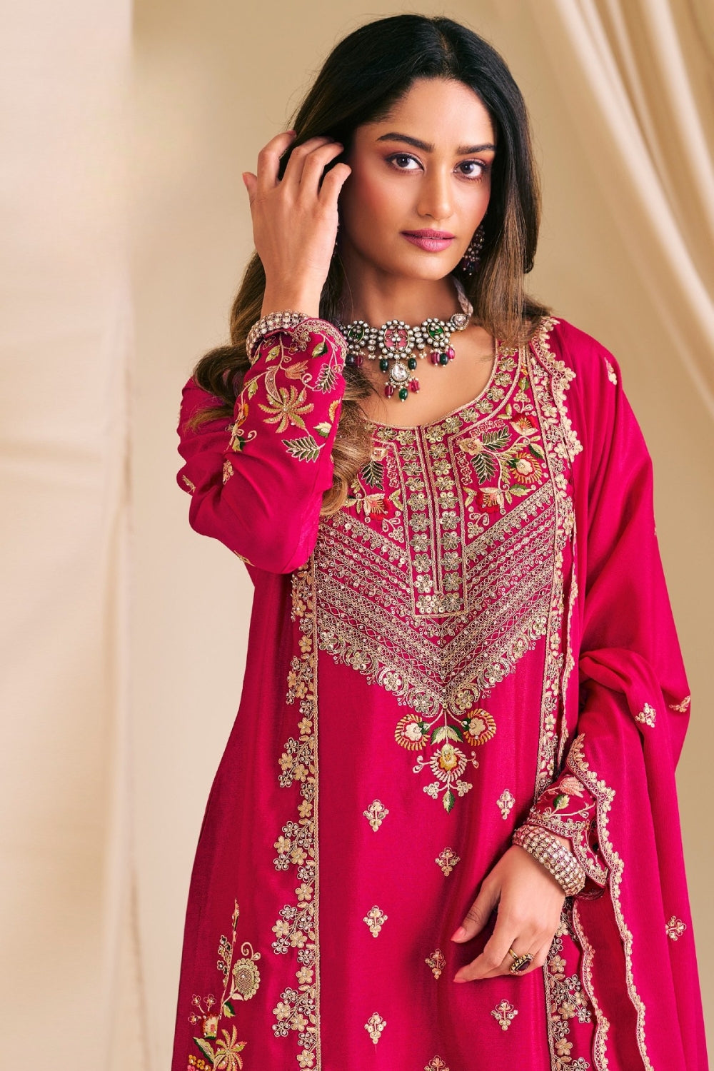 Embroidered Chinon Palazzo Set with Resham and Sequin Work