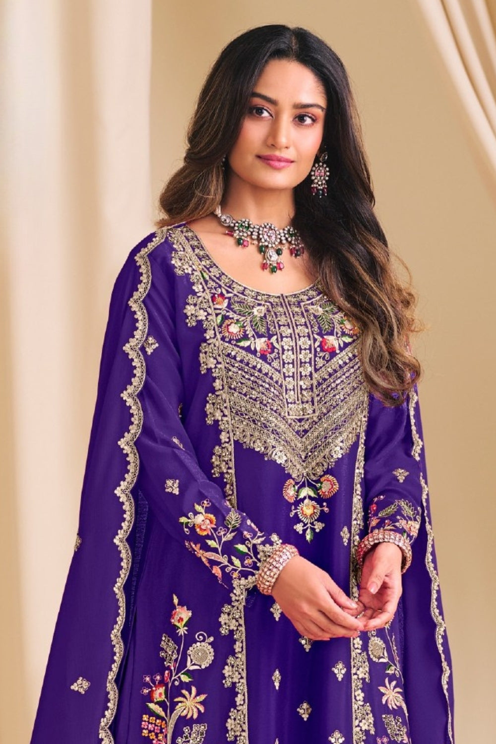 Embroidered Chinon Palazzo Set with Resham and Sequin Work