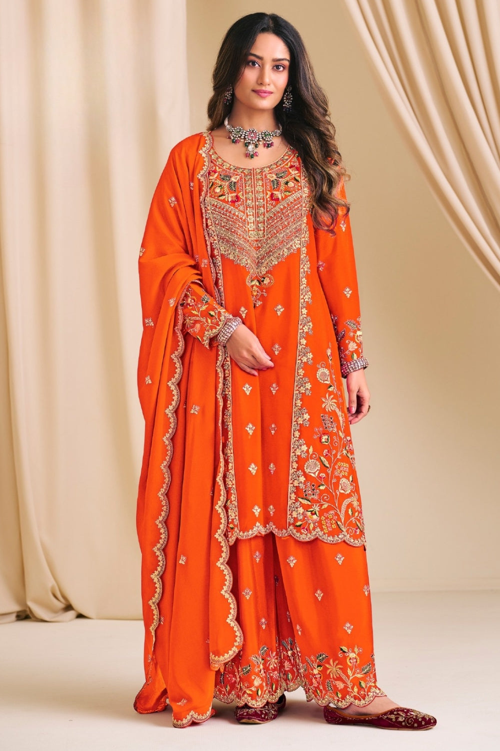 Embroidered Chinon Palazzo Set with Resham and Sequin Work