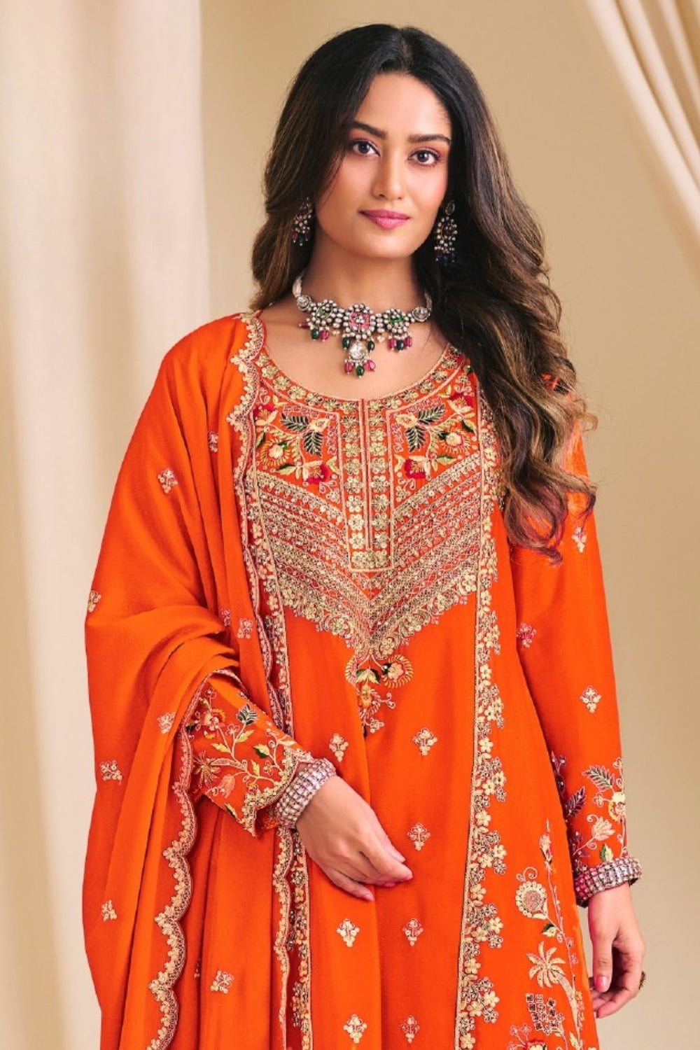 Embroidered Chinon Palazzo Set with Resham and Sequin Work